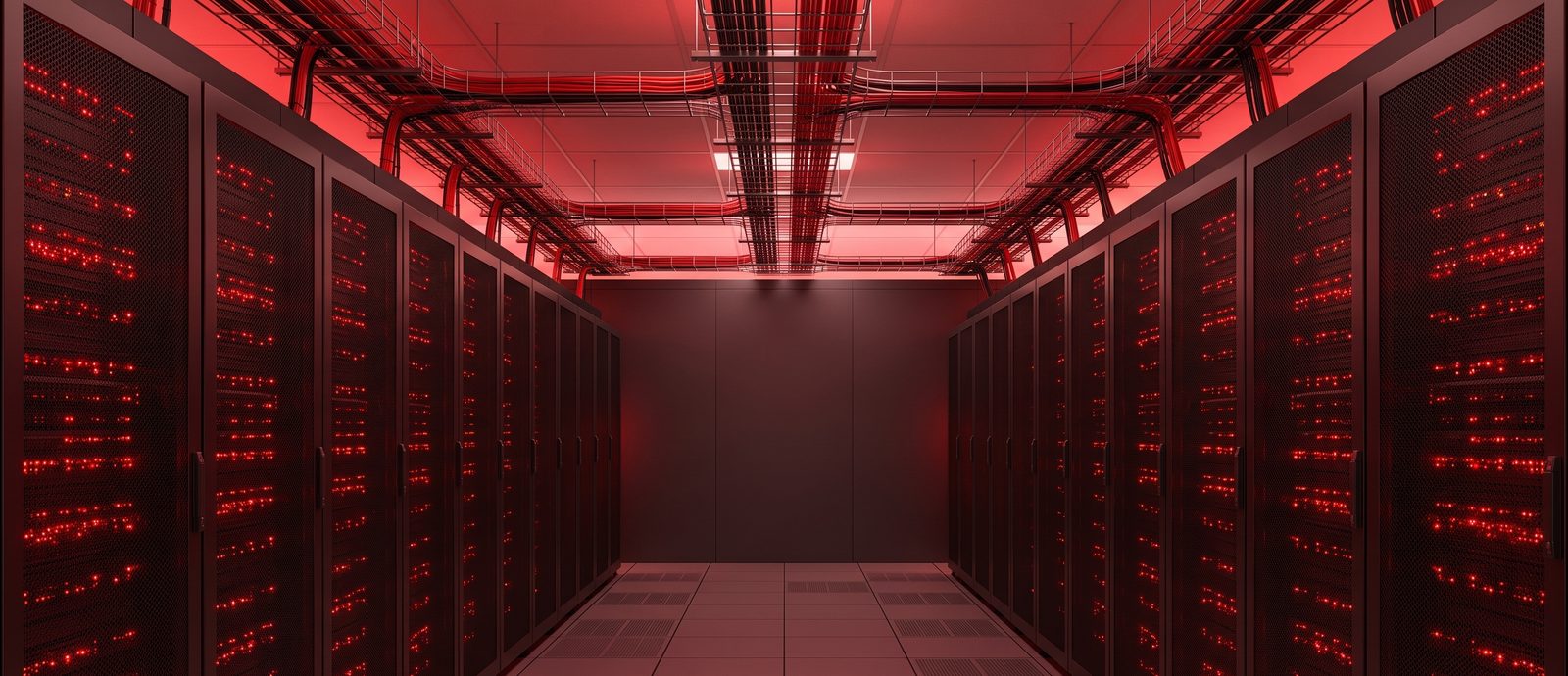 Red-lit datacenter aisle lined with fully cabled server racks