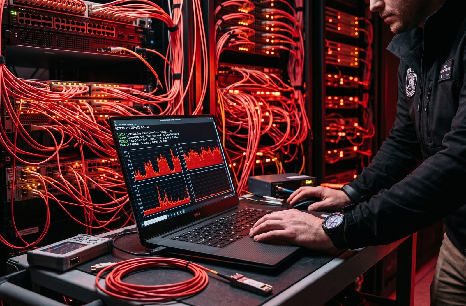 Field engineer running optical network diagnostics on a laptop in a cabled rack room